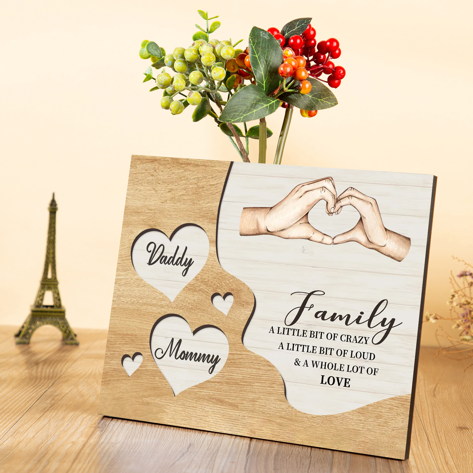 Personalised Family Wood Plaque with Heart & Hand Signs Custom Gift with 2-8 Names-Jessemade AU