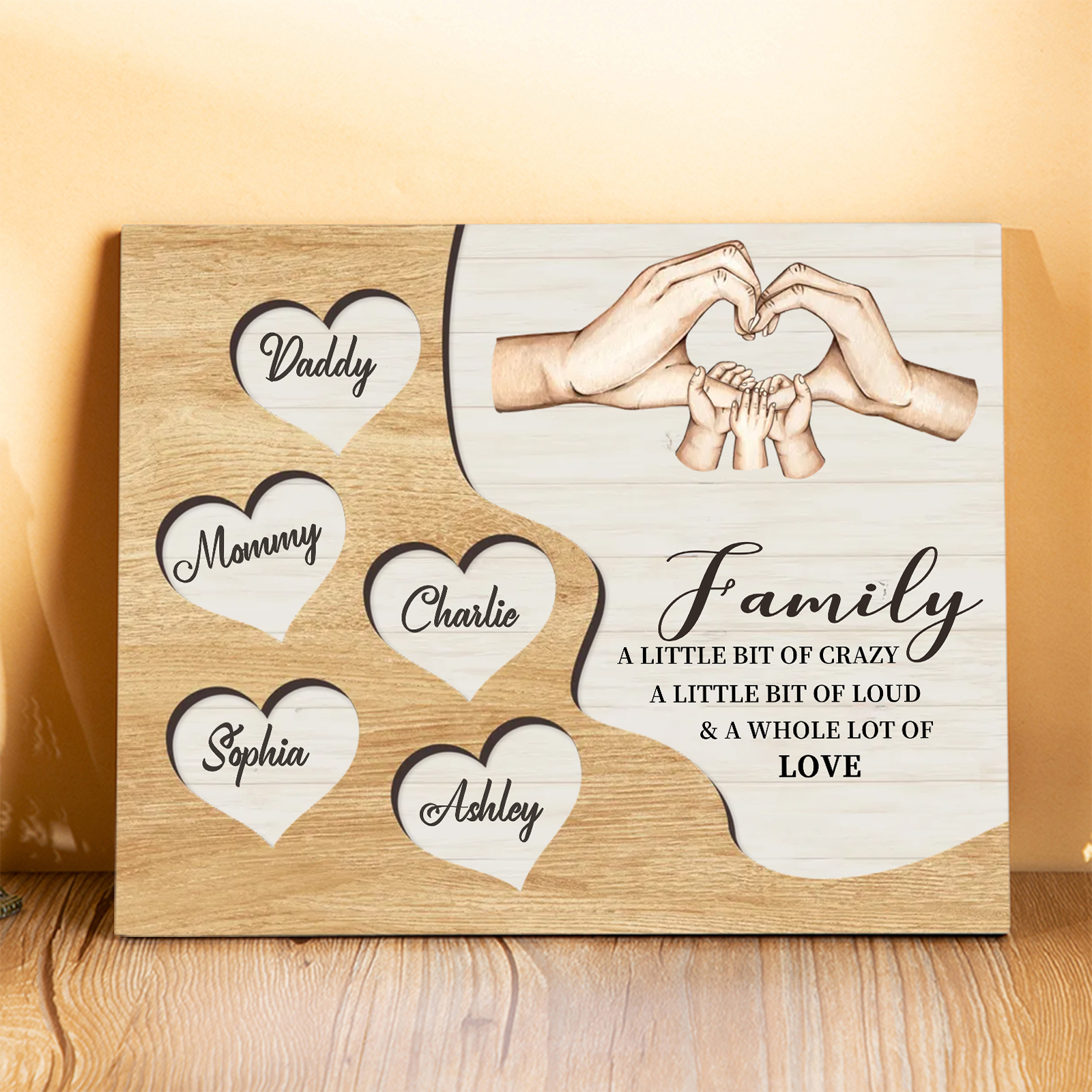 Personalised Family Wood Plaque with Heart & Hand Signs Custom Gift with 2-8 Names