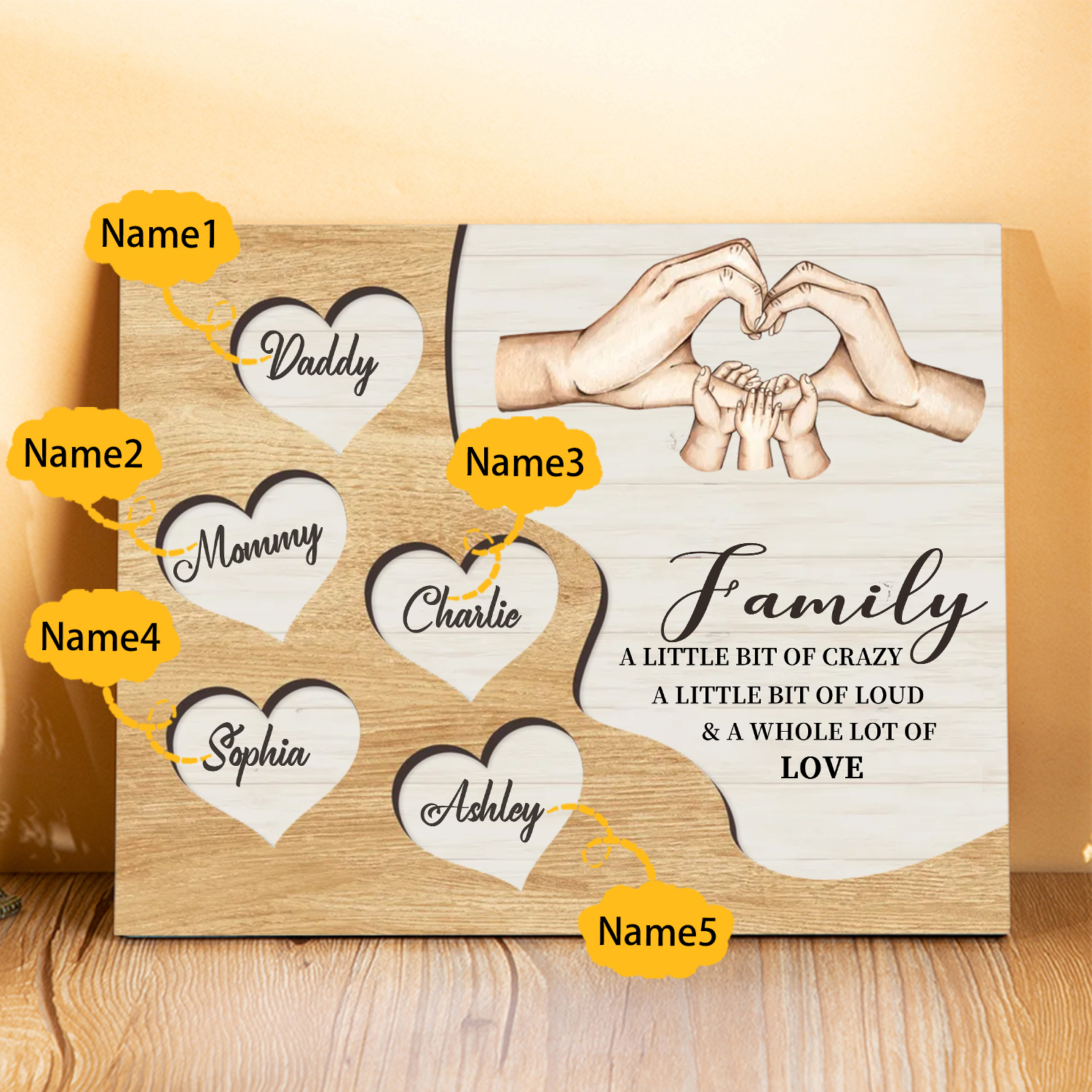 Personalised Family Wood Plaque with Heart & Hand Signs Custom Gift with 2-8 Names