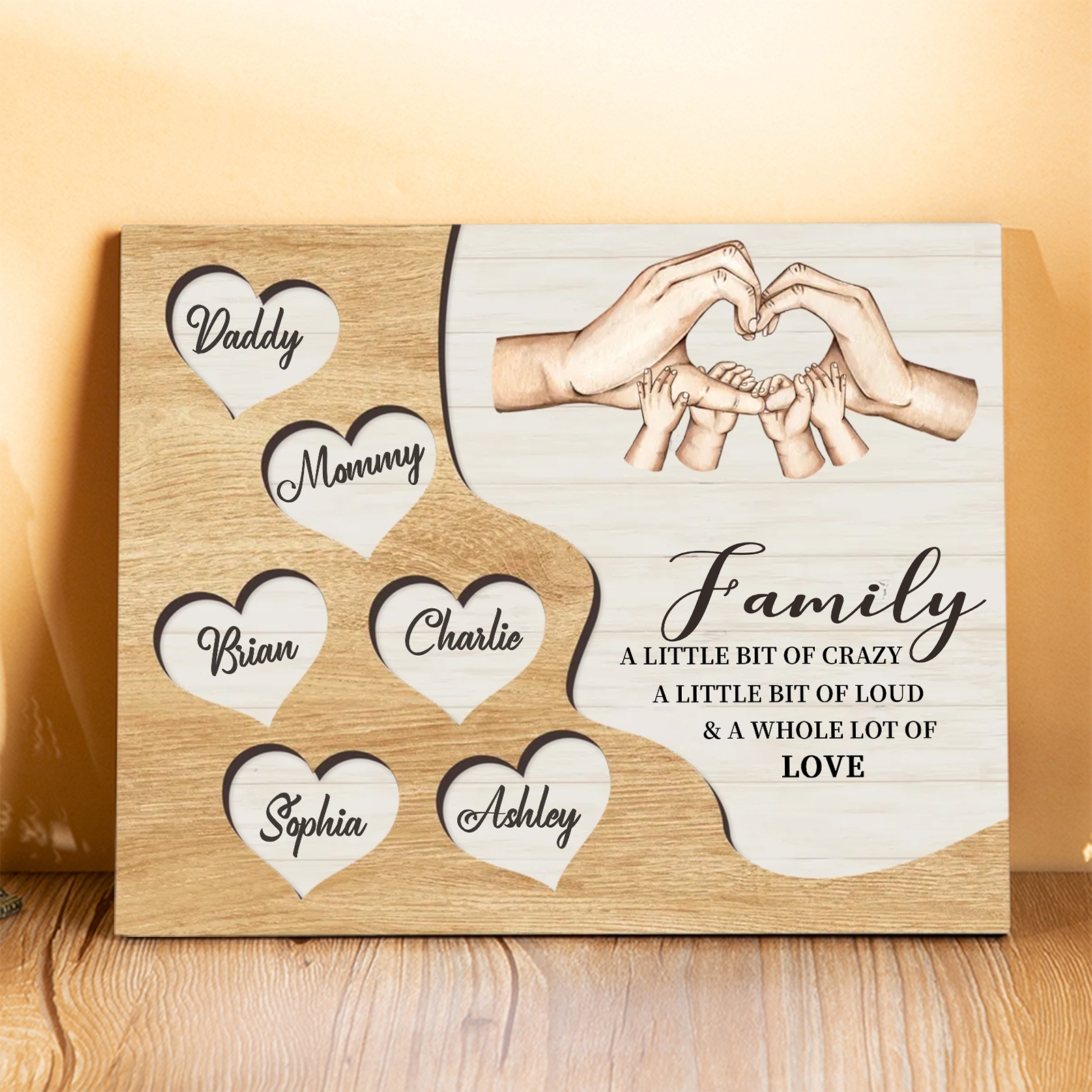Personalised Family Wood Plaque with Heart & Hand Signs Custom Gift with 2-8 Names-Jessemade AU