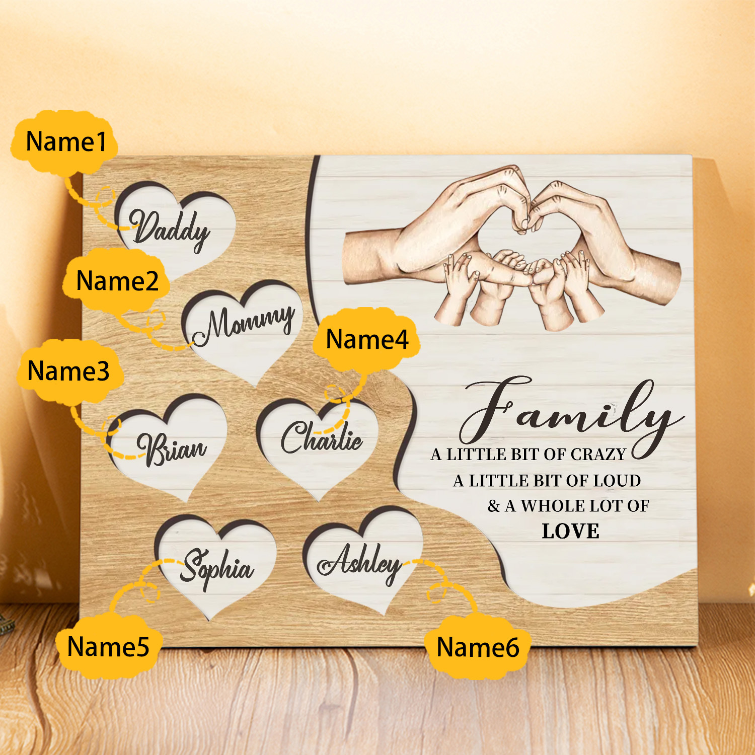 Personalised Family Wood Plaque with Heart & Hand Signs Custom Gift with 2-8 Names-Jessemade AU