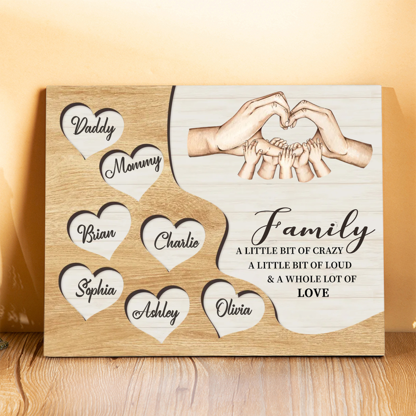 Personalised Family Wood Plaque with Heart & Hand Signs Custom Gift with 2-8 Names-Jessemade AU