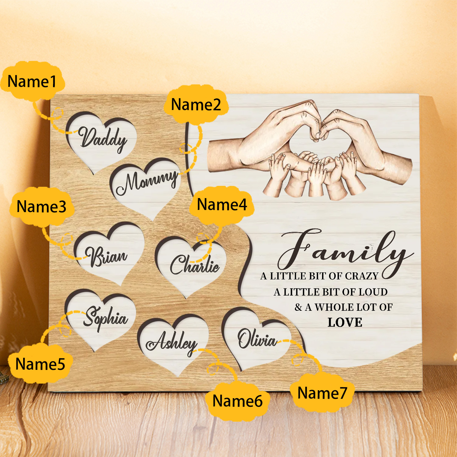 Personalised Family Wood Plaque with Heart & Hand Signs Custom Gift with 2-8 Names-Jessemade AU