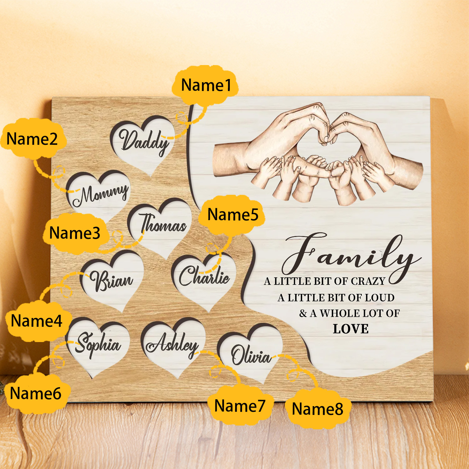 Personalised Family Wood Plaque with Heart & Hand Signs Custom Gift with 2-8 Names-Jessemade AU