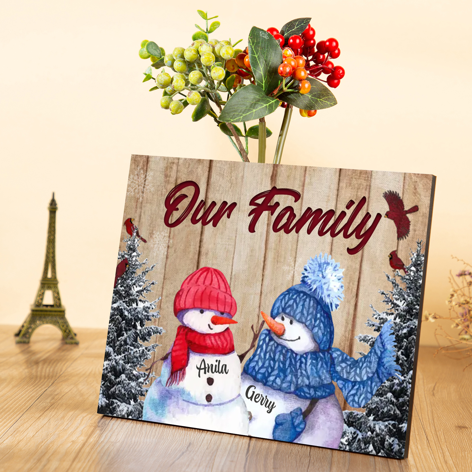 Personalised Christmas Snowman Family Wood Plaque Customizable Wood Frame with 1-8 Names-Jessemade AU