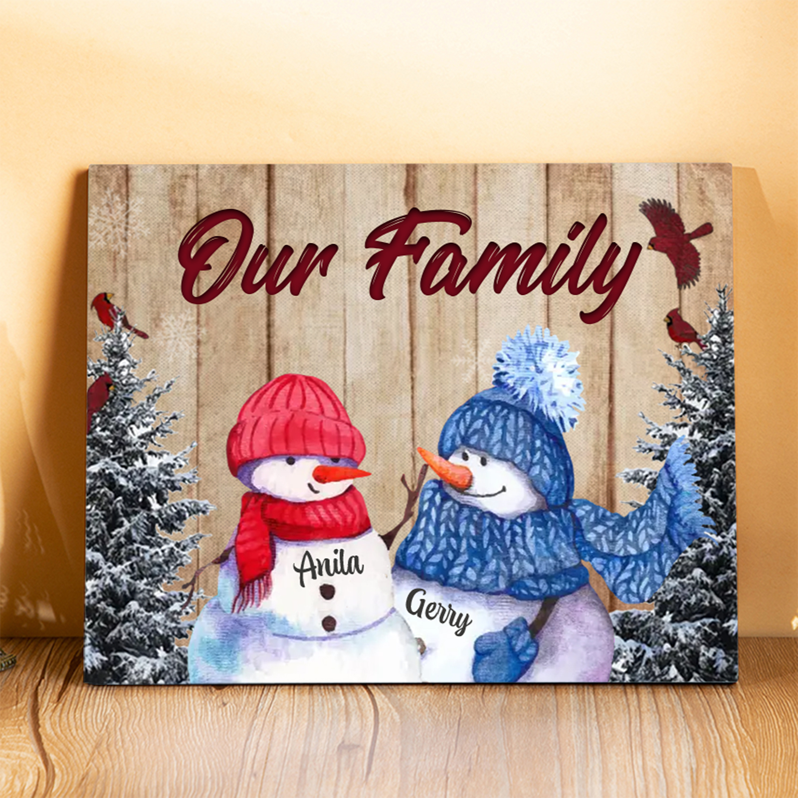 Personalised Christmas Snowman Family Wood Plaque Customizable Wood Frame with 1-8 Names-Jessemade AU