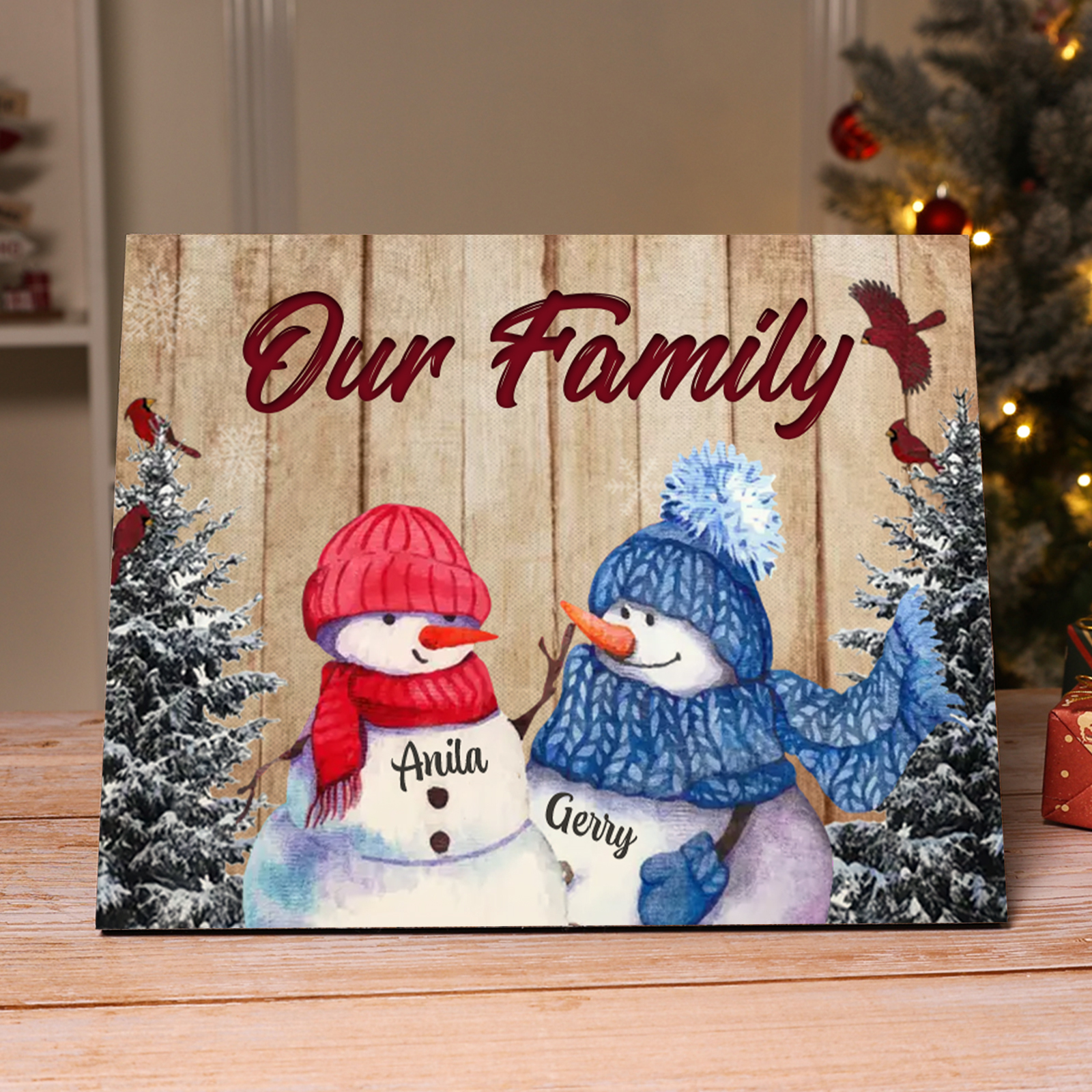 Personalised Christmas Snowman Family Wood Plaque Customizable Wood Frame with 1-8 Names-Jessemade AU