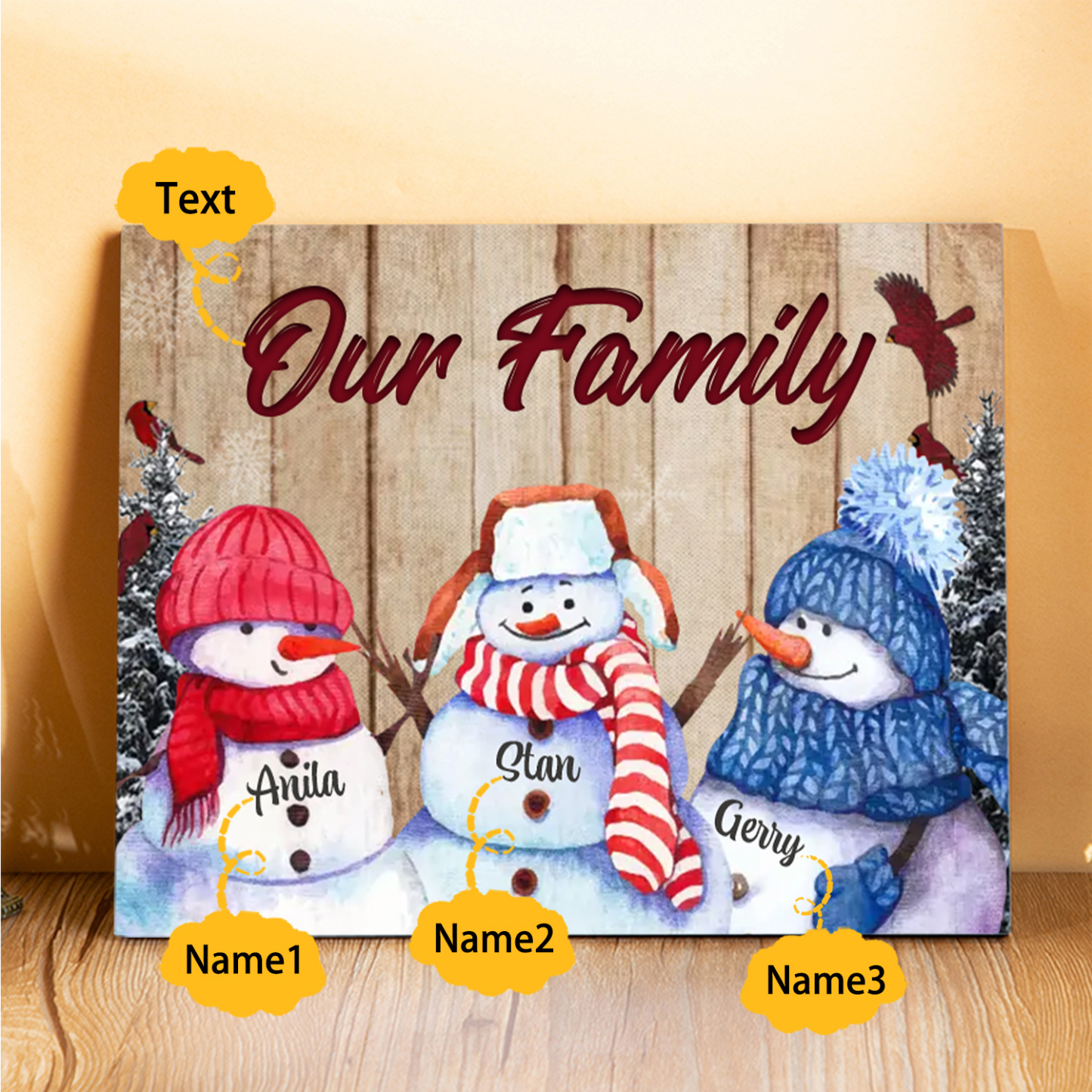 Personalised Christmas Snowman Family Wood Plaque Customizable Wood Frame with 1-8 Names-Jessemade AU