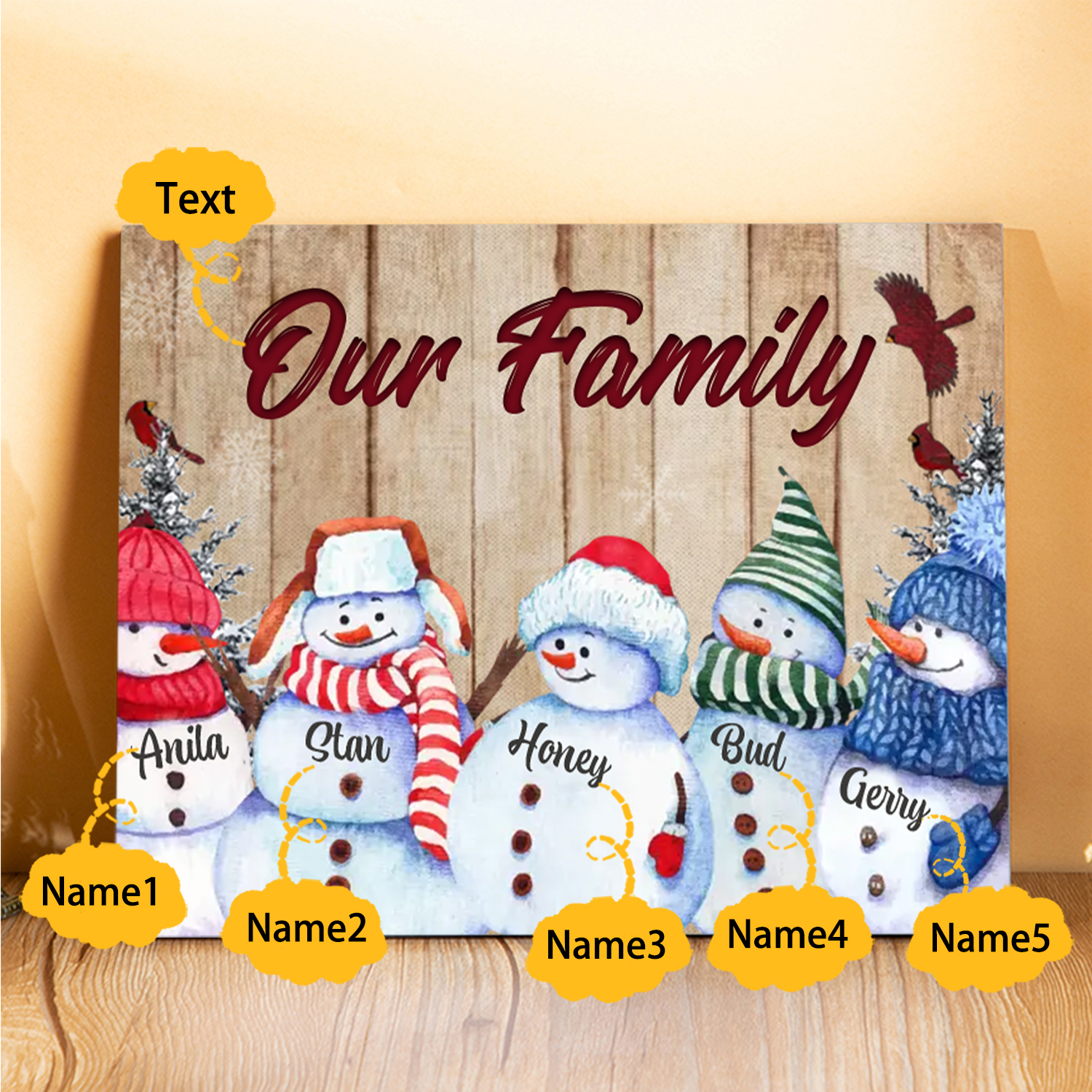Personalised Christmas Snowman Family Wood Plaque Customizable Wood Frame with 1-8 Names-Jessemade AU