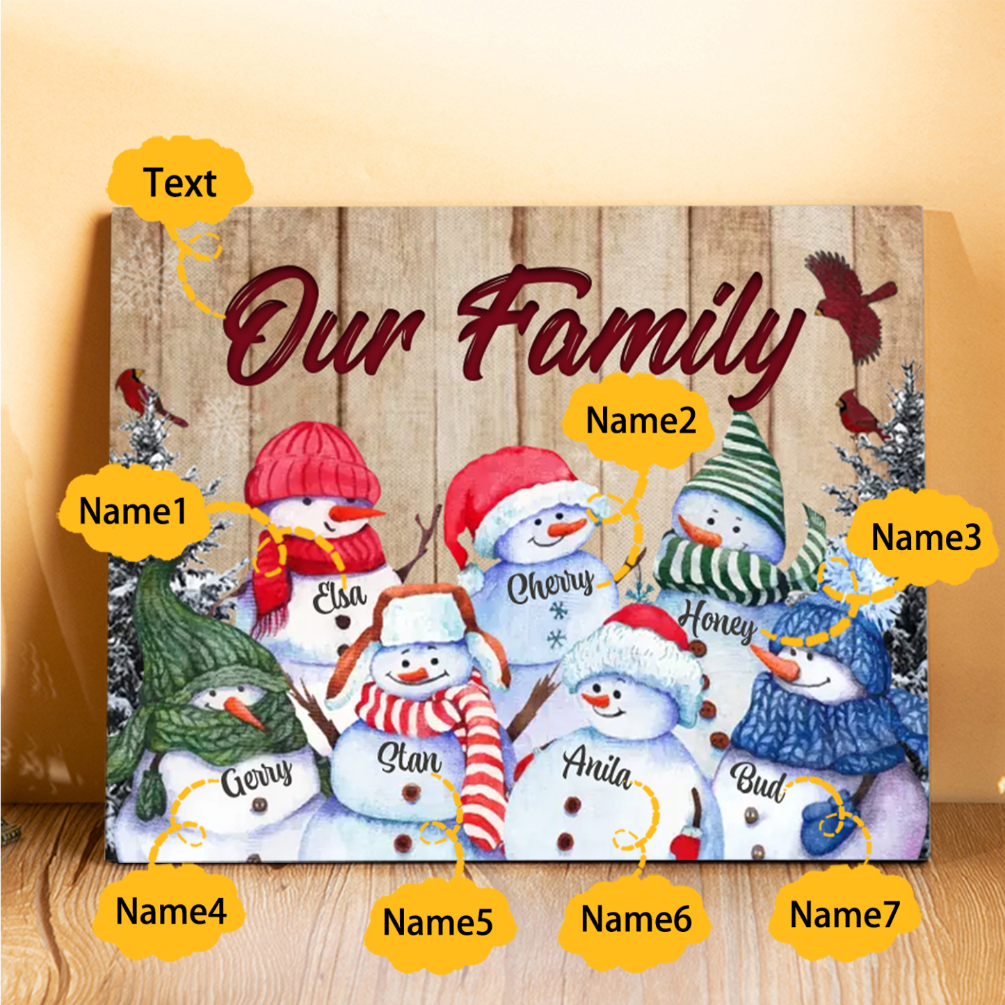 Personalised Christmas Snowman Family Wood Plaque Customizable Wood Frame with 1-8 Names-Jessemade AU
