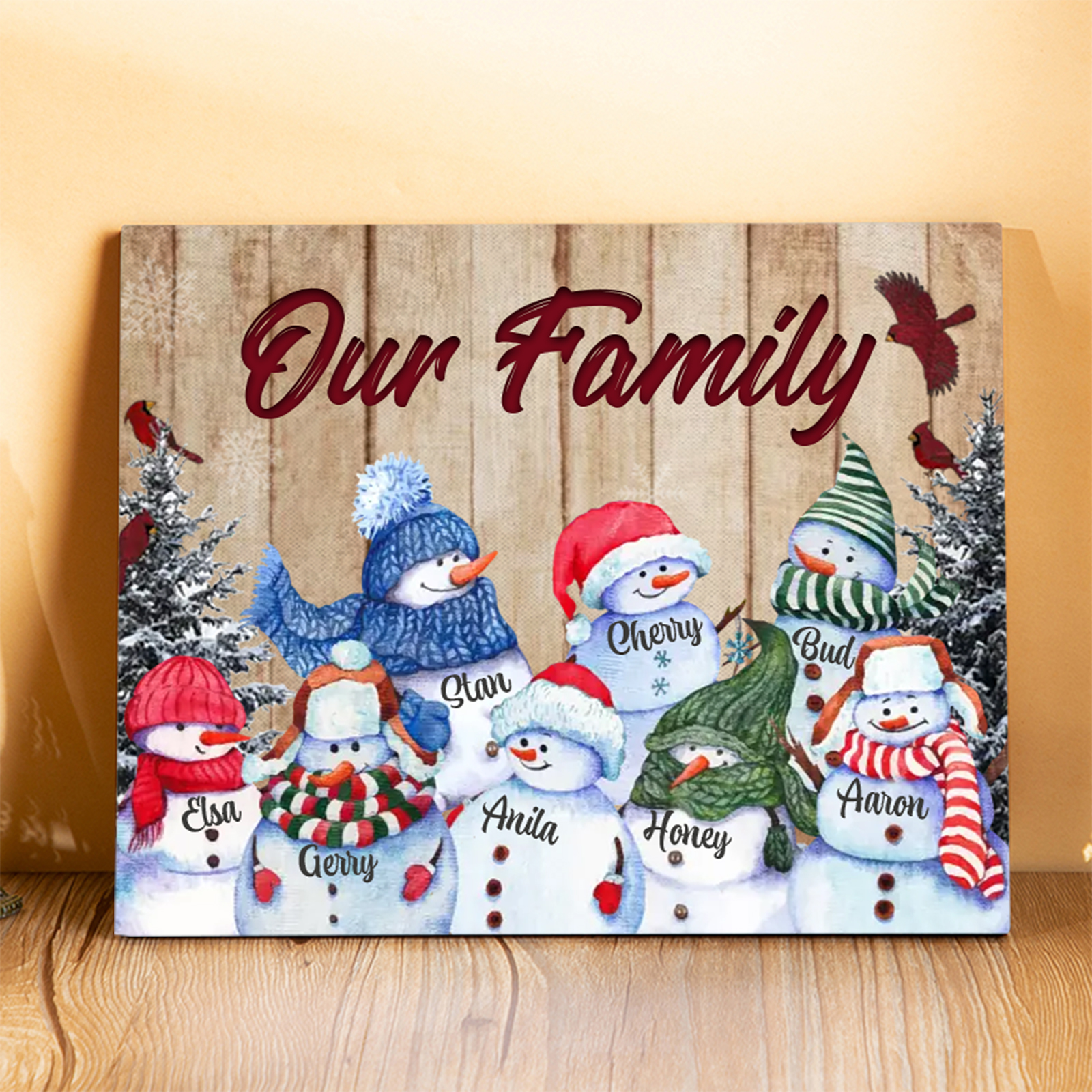Personalised Christmas Snowman Family Wood Plaque Customizable Wood Frame with 1-8 Names