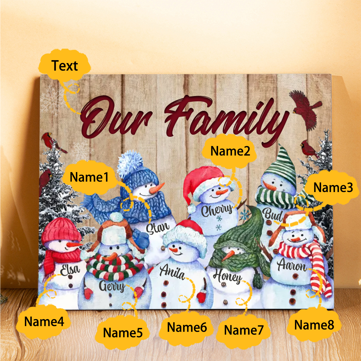 Personalised Christmas Snowman Family Wood Plaque Customizable Wood Frame with 1-8 Names-Jessemade AU