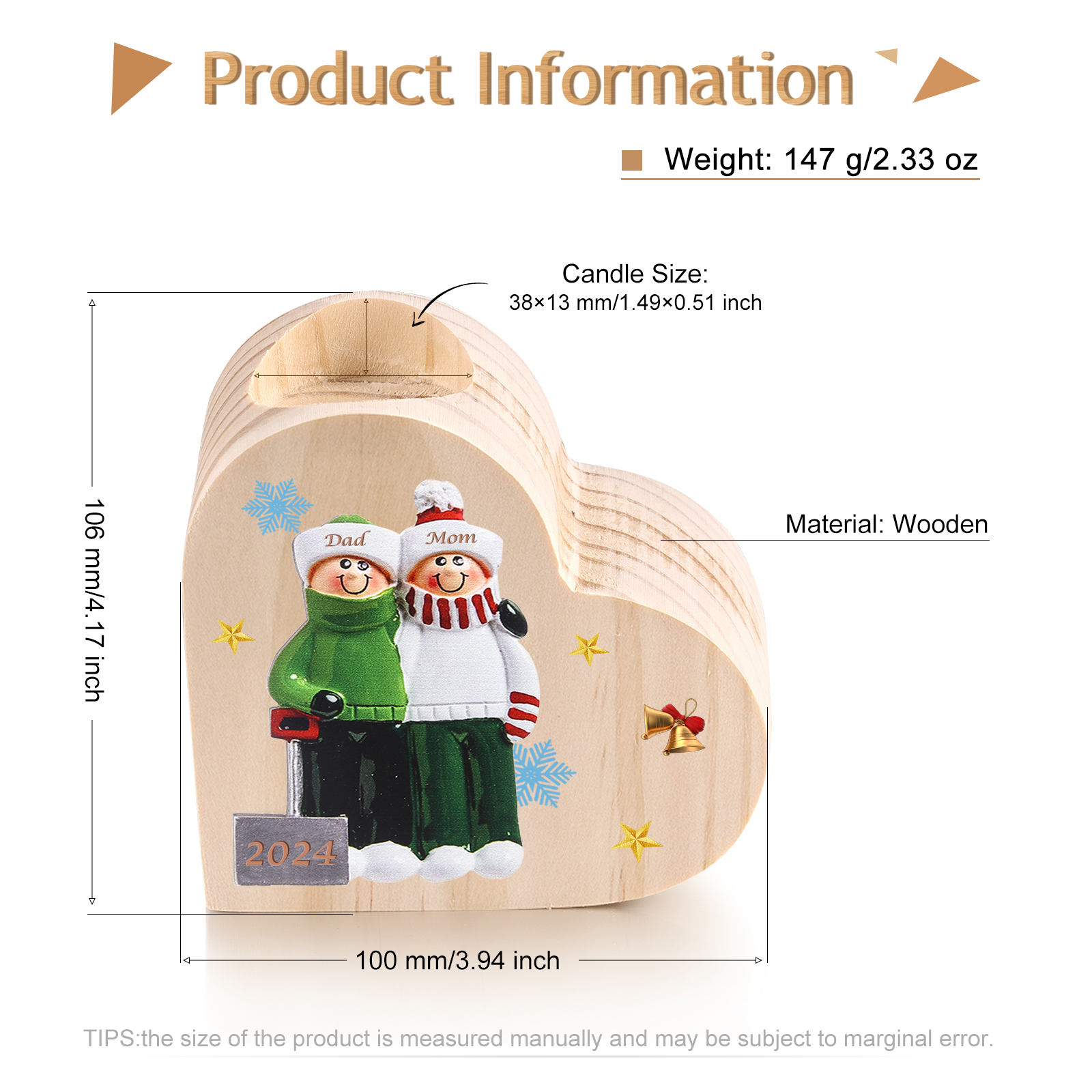 Personalised Heart Wooden Candle Holder Snow Shoveling Family Custom with 2-8 Names Christmas Gift-Jessemade AU