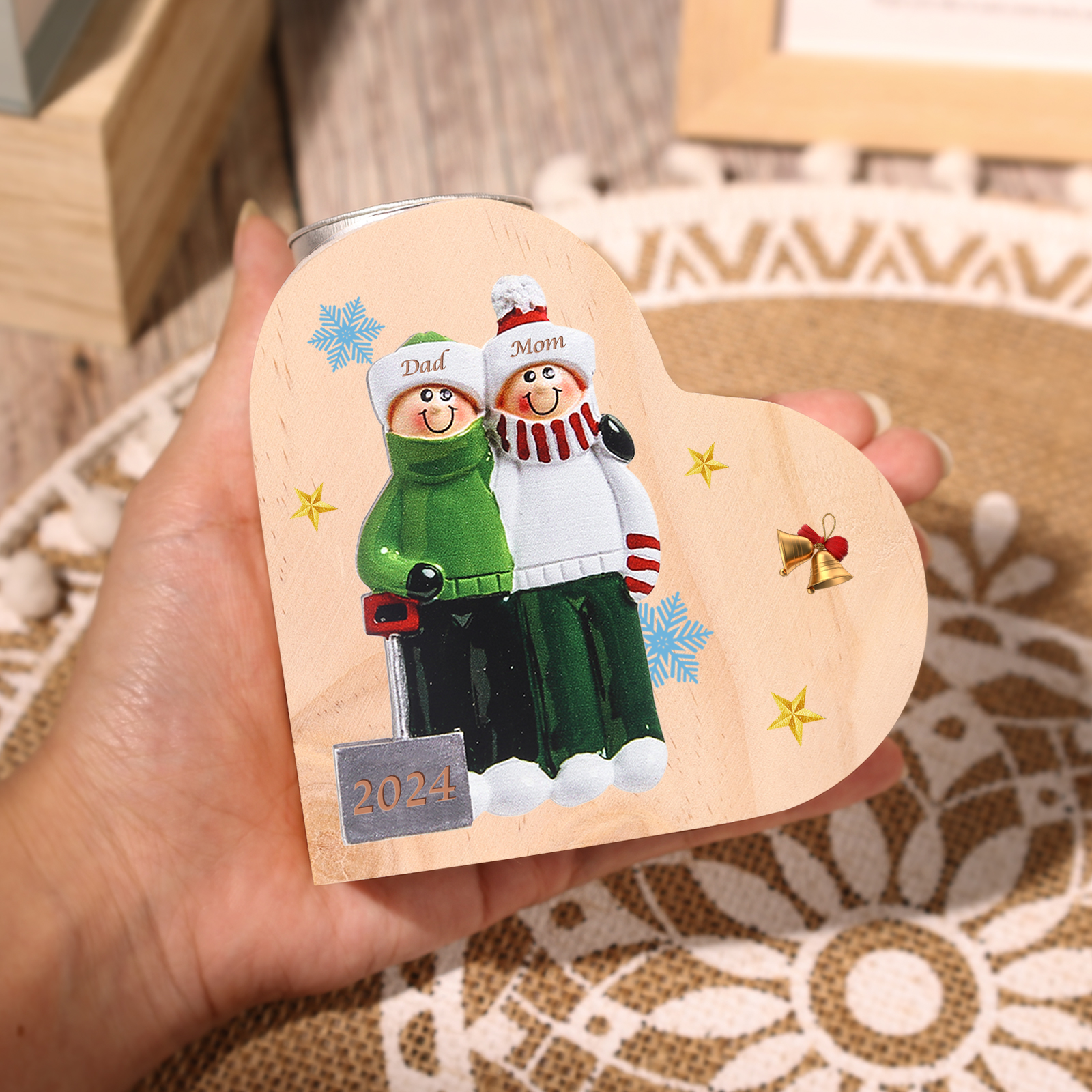 Personalised Heart Wooden Candle Holder Snow Shoveling Family Custom with 2-8 Names Christmas Gift-Jessemade AU