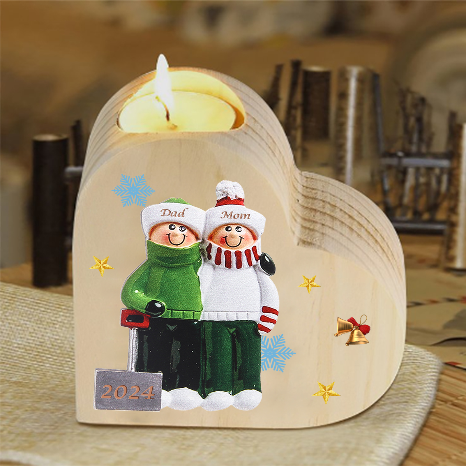 Personalised Heart Wooden Candle Holder Snow Shoveling Family Custom with 2-8 Names Christmas Gift-Jessemade AU