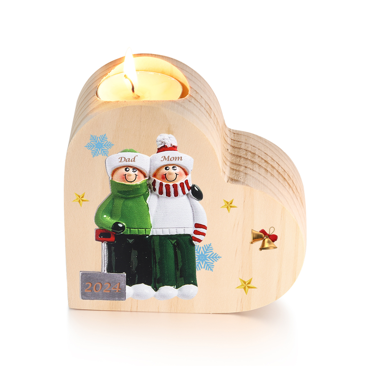 Personalised Heart Wooden Candle Holder Snow Shoveling Family Custom with 2-8 Names Christmas Gift-Jessemade AU