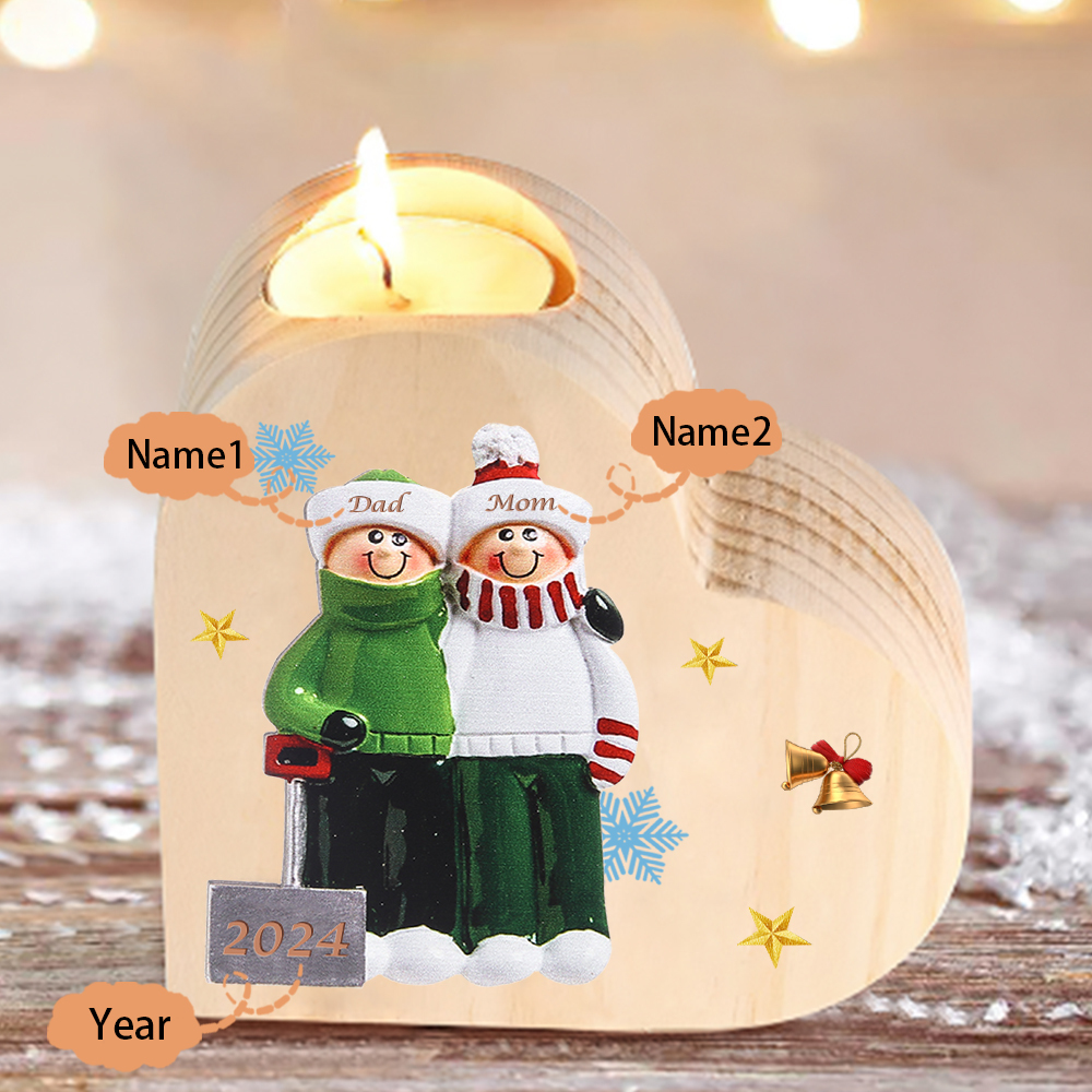 Personalised Heart Wooden Candle Holder Snow Shoveling Family Custom with 2-8 Names Christmas Gift-Jessemade AU