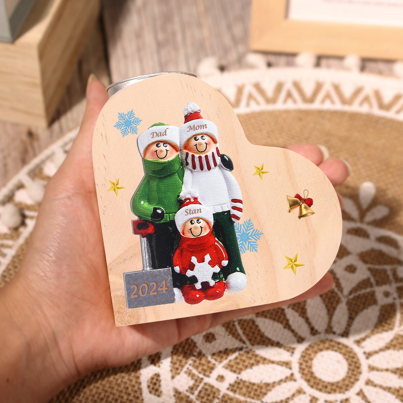 Personalised Heart Wooden Candle Holder Snow Shoveling Family Custom with 2-8 Names Christmas Gift-Jessemade AU