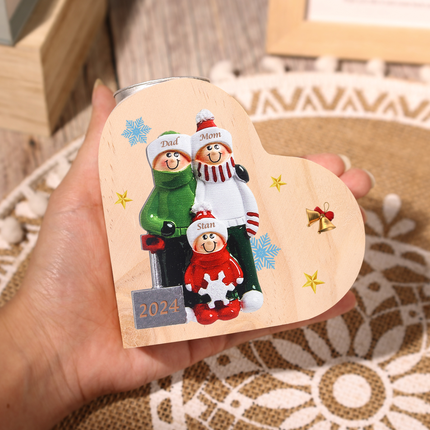 Personalised Heart Wooden Candle Holder Snow Shoveling Family Custom with 2-8 Names Christmas Gift-Jessemade AU