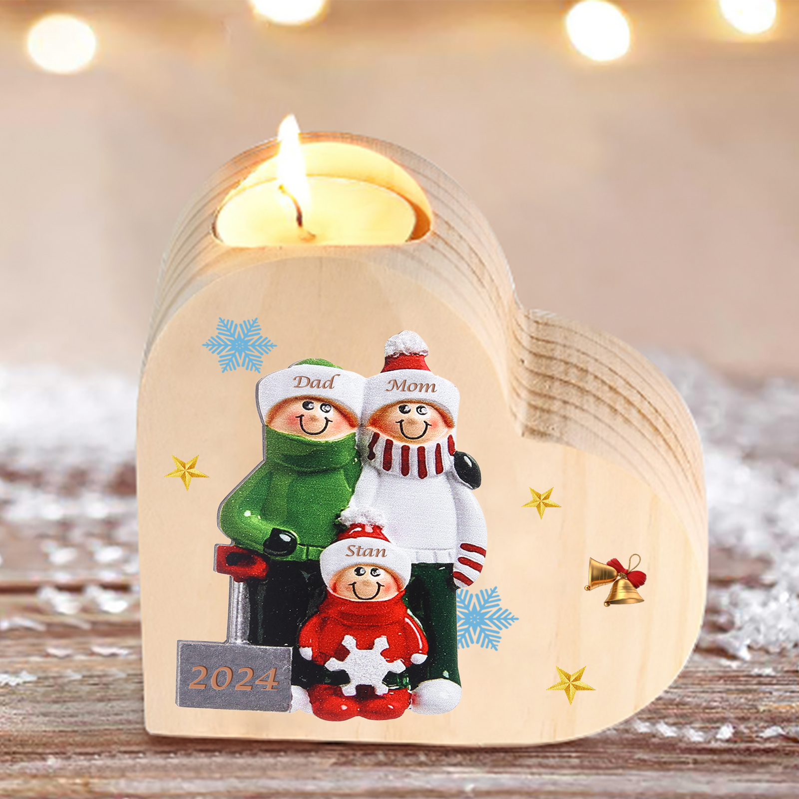 Personalised Heart Wooden Candle Holder Snow Shoveling Family Custom with 2-8 Names Christmas Gift-Jessemade AU