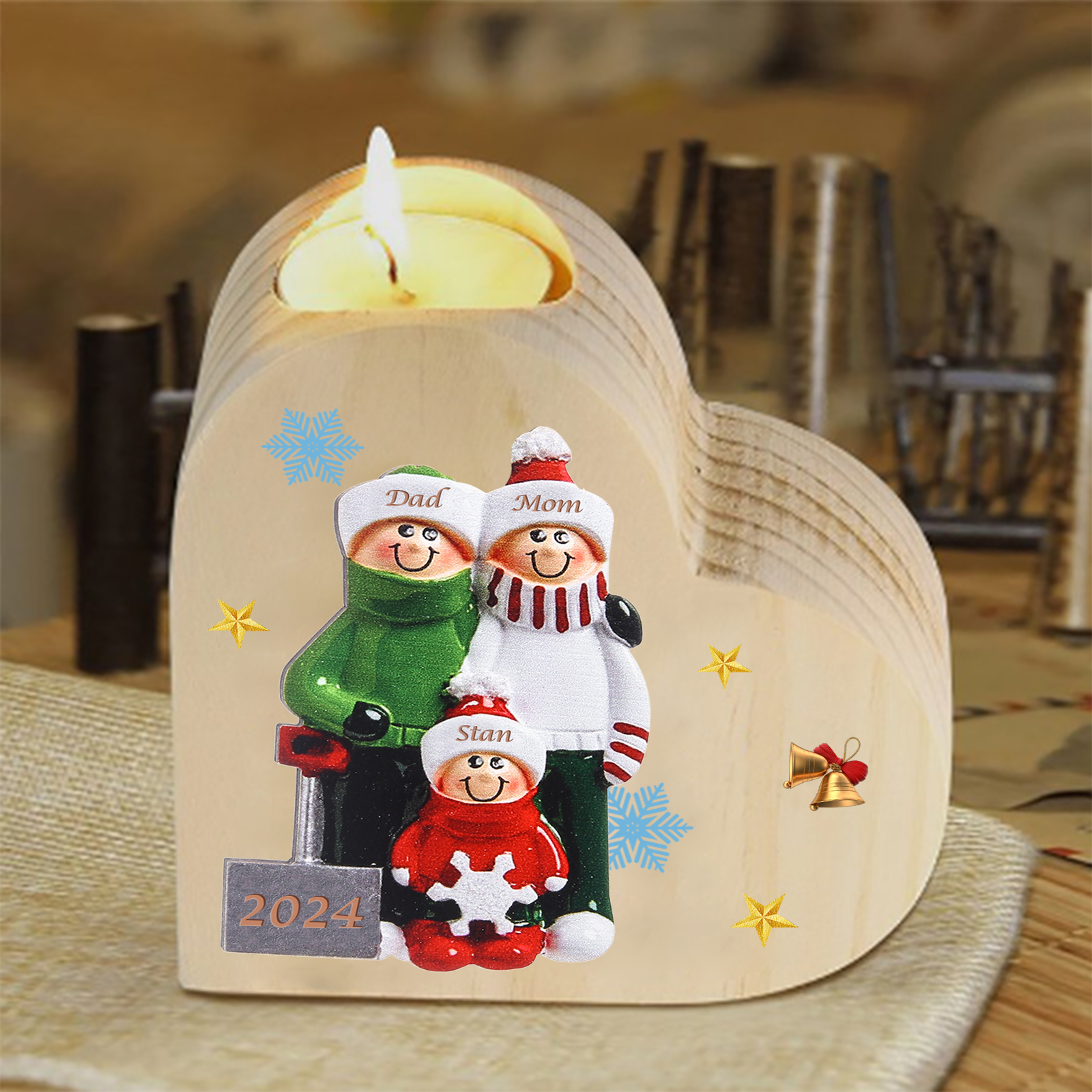 Personalised Heart Wooden Candle Holder Snow Shoveling Family Custom with 2-8 Names Christmas Gift-Jessemade AU