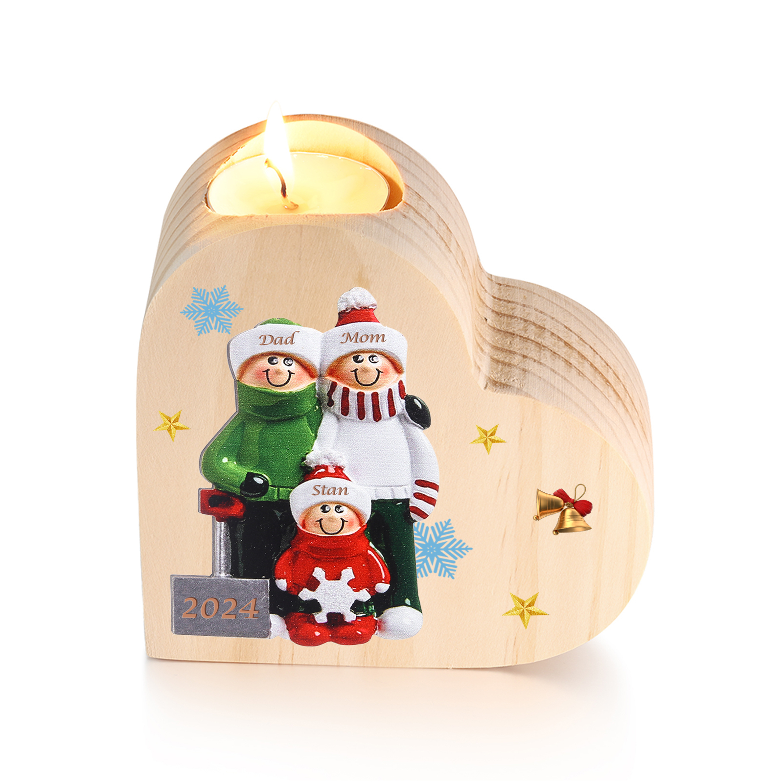 Personalised Heart Wooden Candle Holder Snow Shoveling Family Custom with 2-8 Names Christmas Gift-Jessemade AU