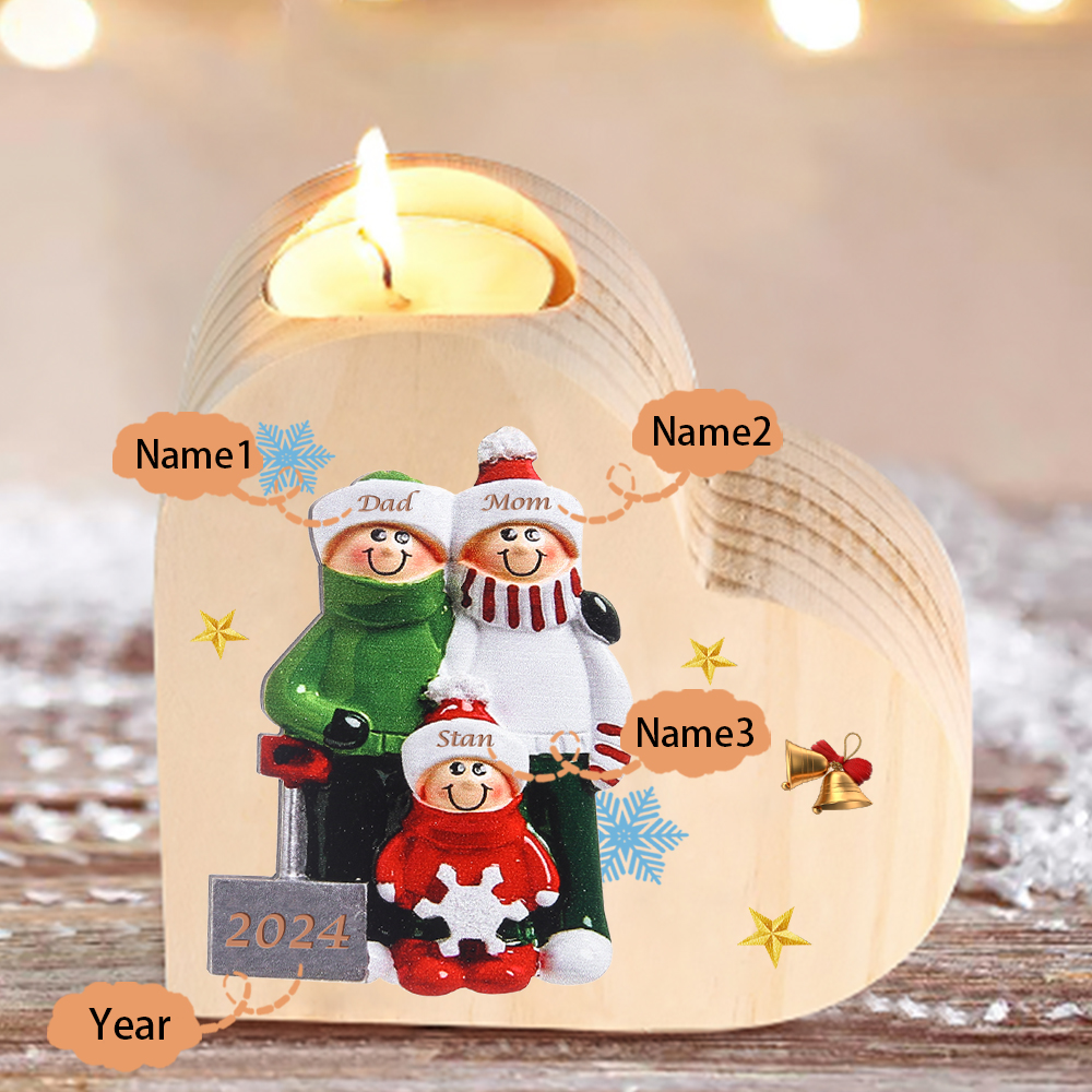 Personalised Heart Wooden Candle Holder Snow Shoveling Family Custom with 2-8 Names Christmas Gift-Jessemade AU