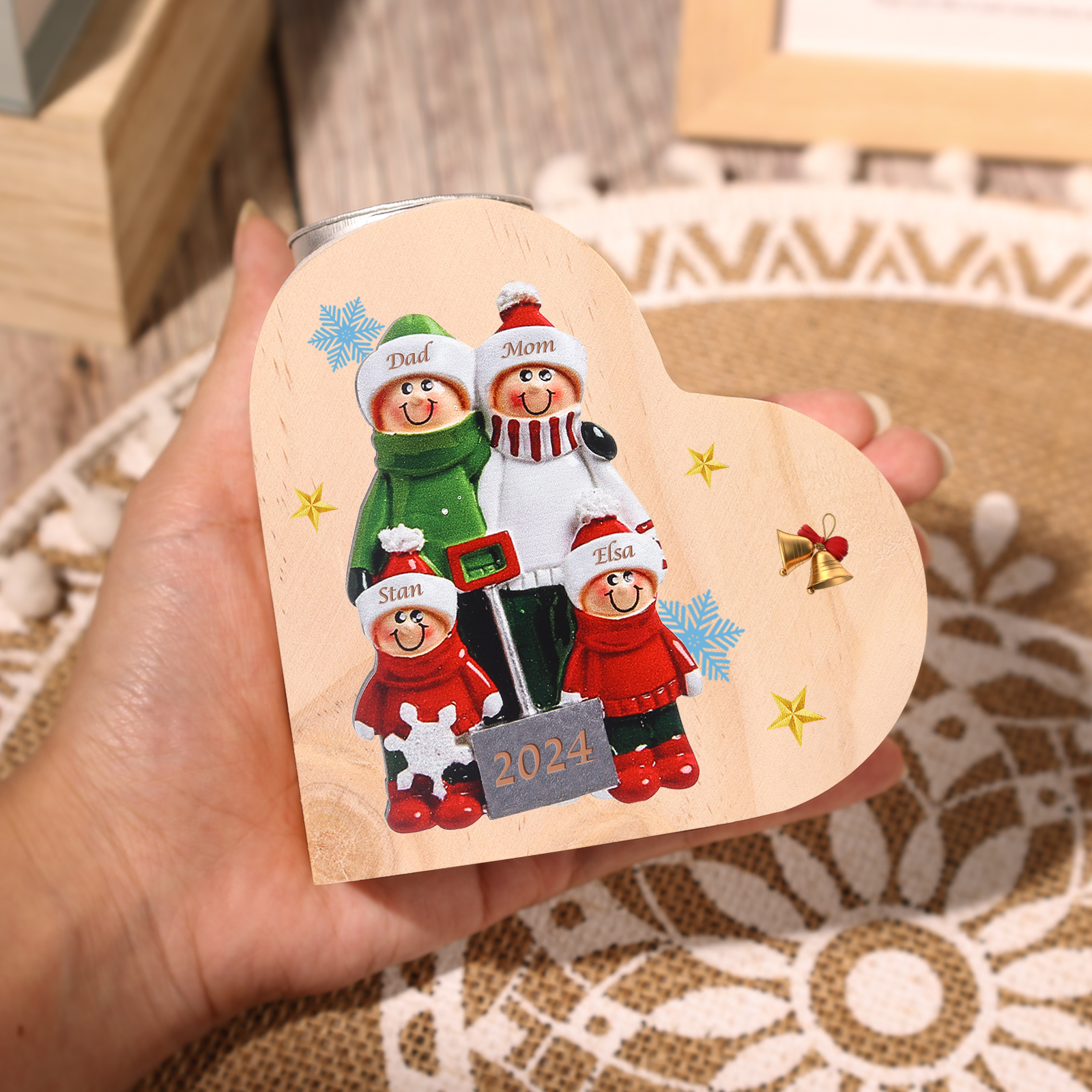Personalised Heart Wooden Candle Holder Snow Shoveling Family Custom with 2-8 Names Christmas Gift-Jessemade AU