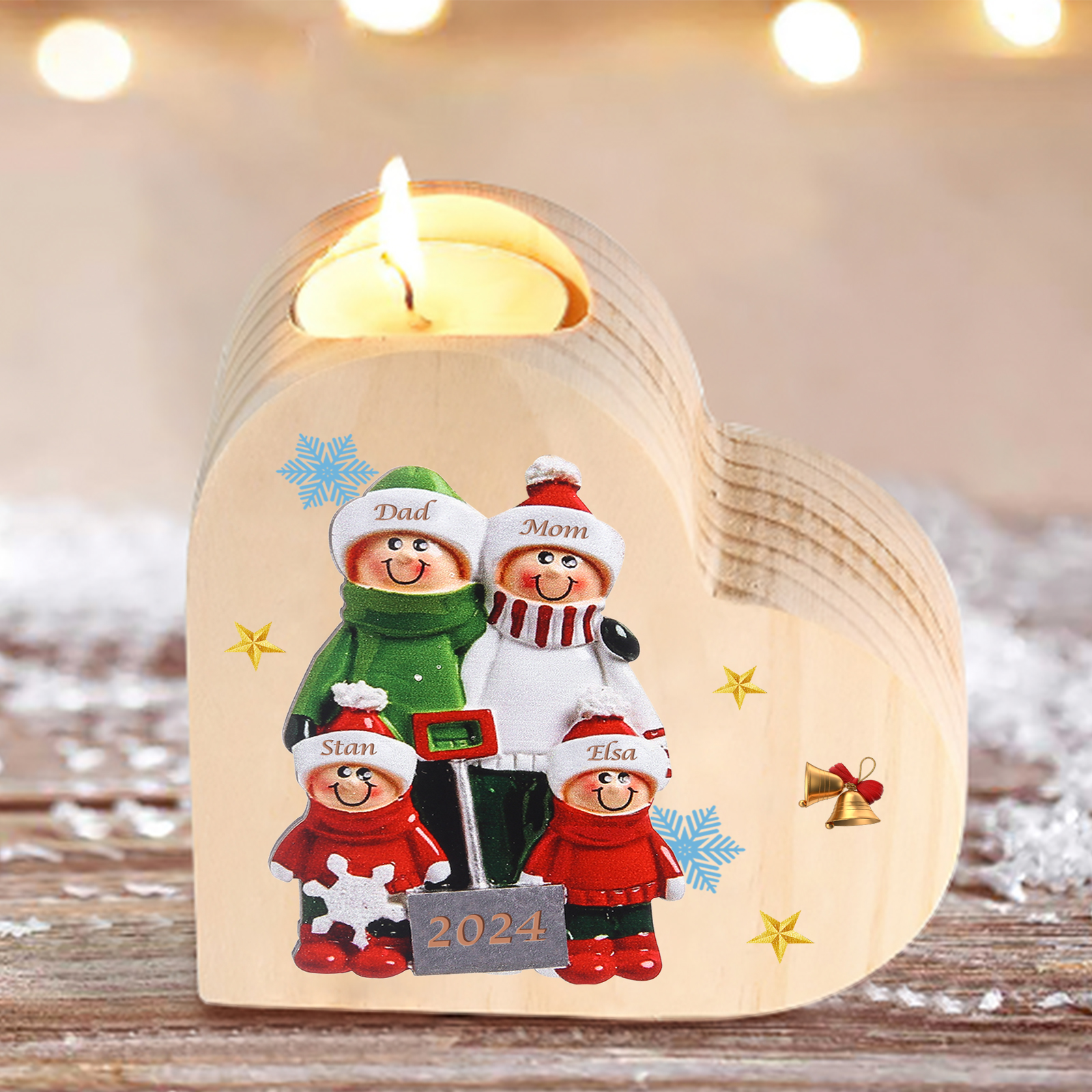 Personalised Heart Wooden Candle Holder Snow Shoveling Family Custom with 2-8 Names Christmas Gift