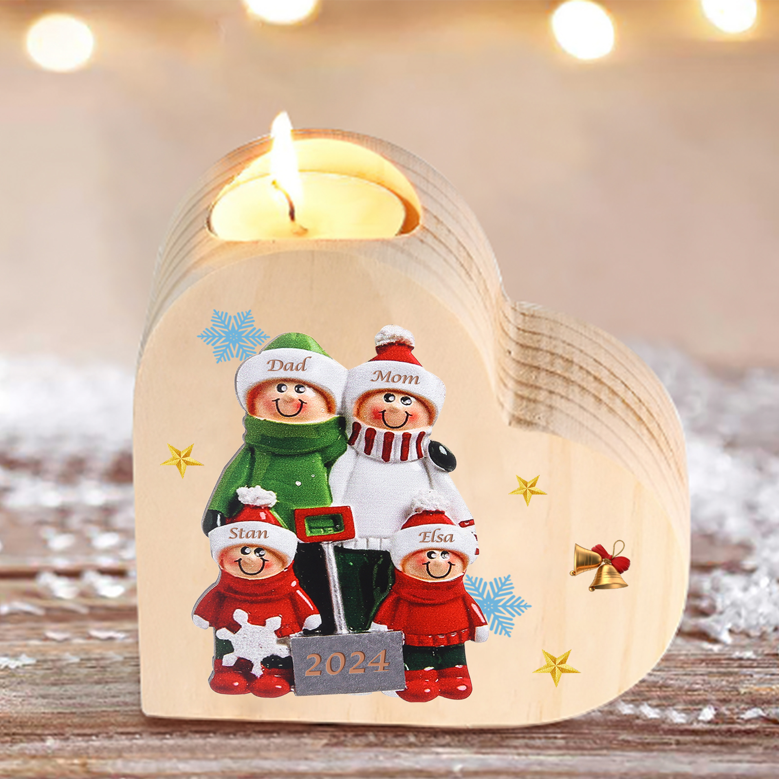 Personalised Heart Wooden Candle Holder Snow Shoveling Family Custom with 2-8 Names Christmas Gift-Jessemade AU