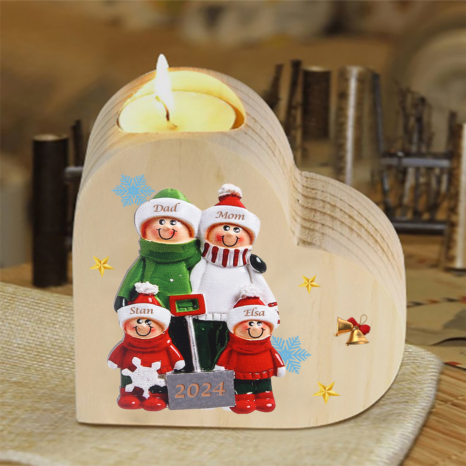 Personalised Heart Wooden Candle Holder Snow Shoveling Family Custom with 2-8 Names Christmas Gift-Jessemade AU