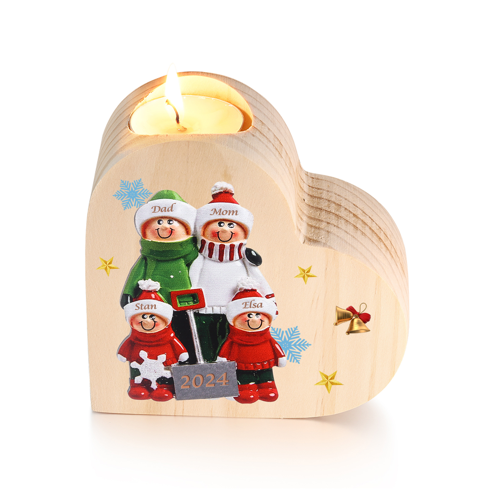 Personalised Heart Wooden Candle Holder Snow Shoveling Family Custom with 2-8 Names Christmas Gift-Jessemade AU