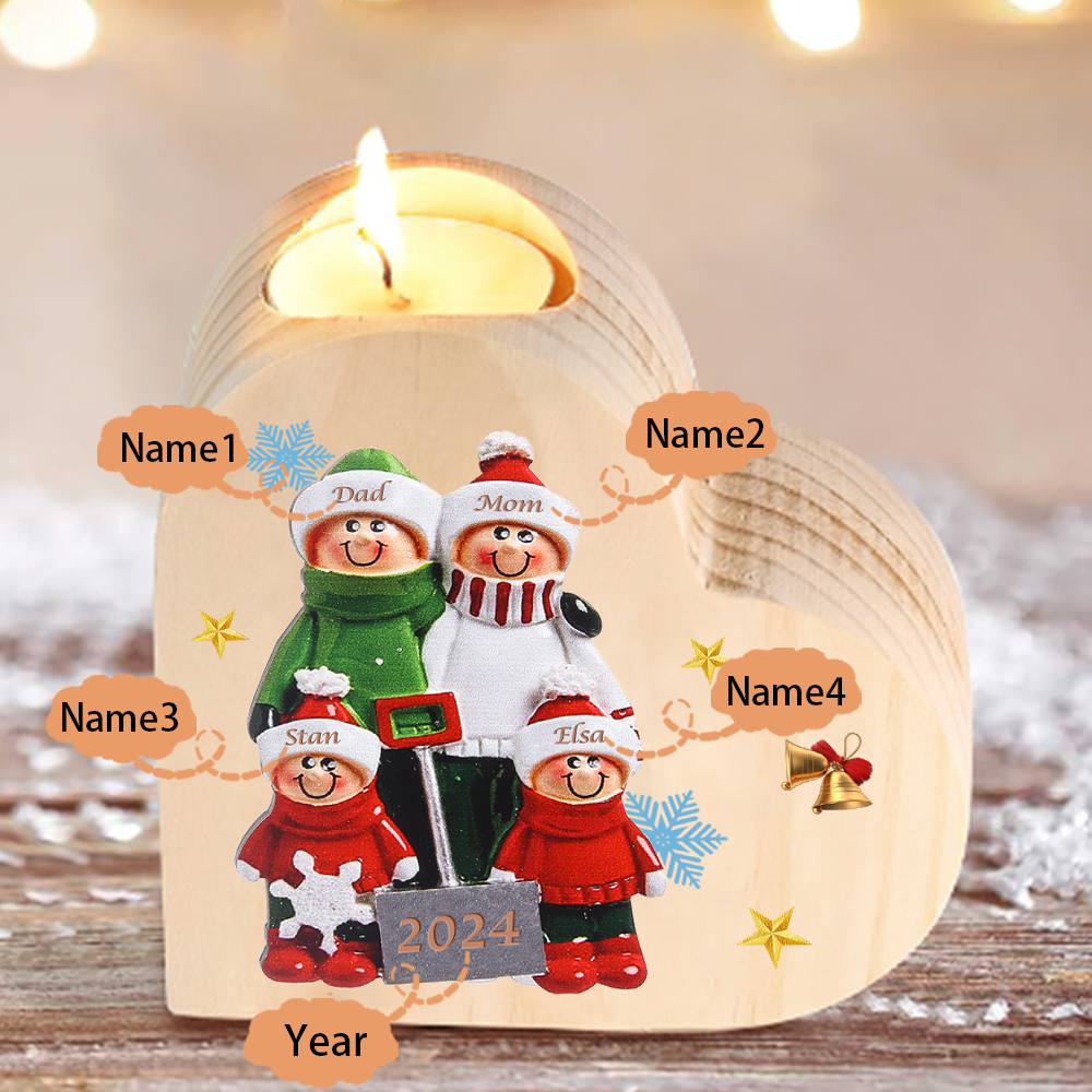 Personalised Heart Wooden Candle Holder Snow Shoveling Family Custom with 2-8 Names Christmas Gift-Jessemade AU