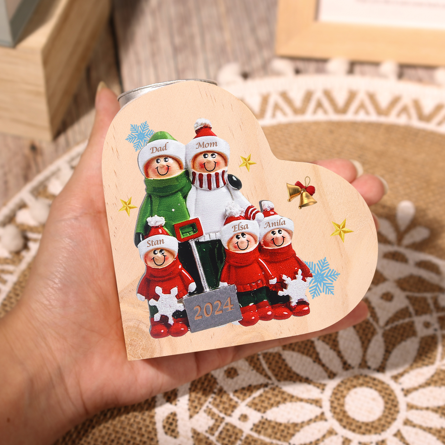 Personalised Heart Wooden Candle Holder Snow Shoveling Family Custom with 2-8 Names Christmas Gift-Jessemade AU