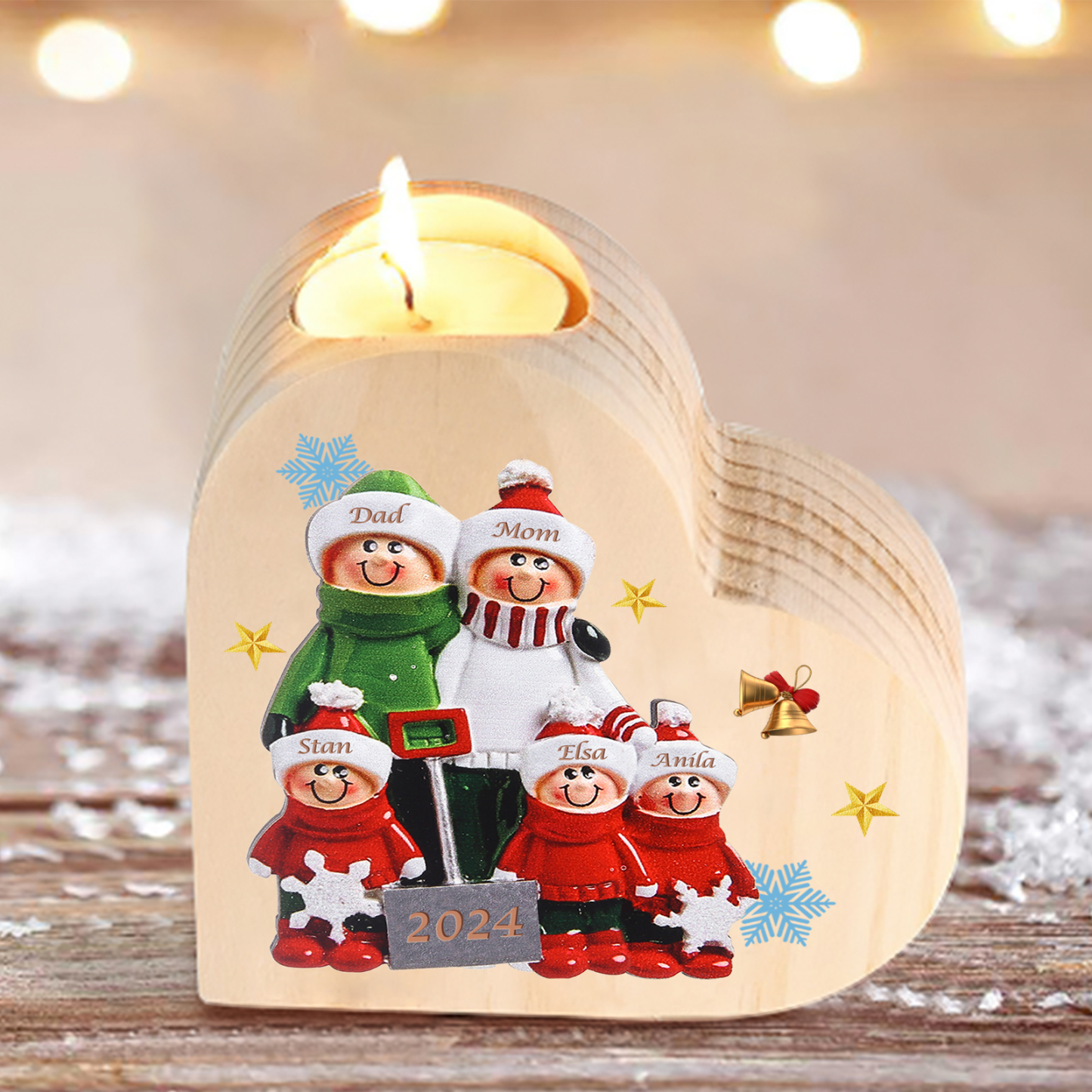 Personalised Heart Wooden Candle Holder Snow Shoveling Family Custom with 2-8 Names Christmas Gift-Jessemade AU