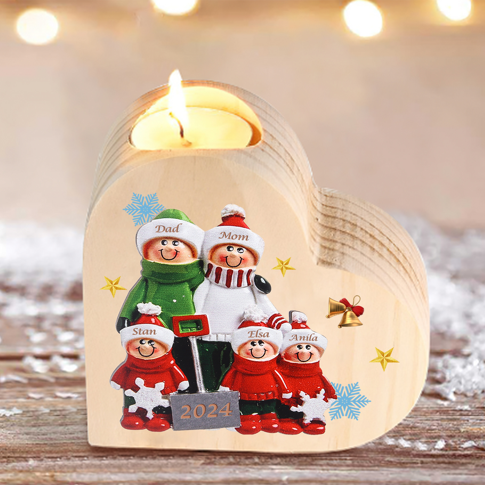 Personalised Heart Wooden Candle Holder Snow Shoveling Family Custom with 2-8 Names Christmas Gift-Jessemade AU