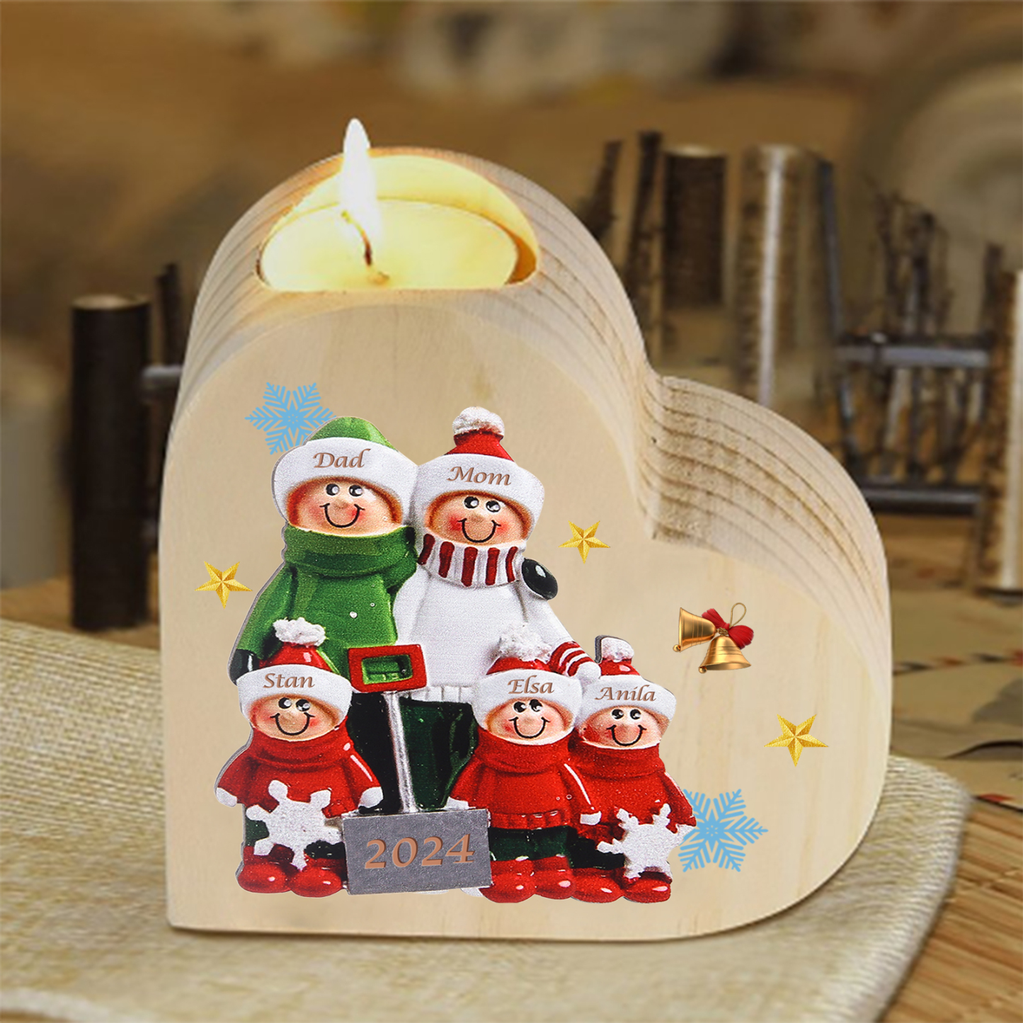 Personalised Heart Wooden Candle Holder Snow Shoveling Family Custom with 2-8 Names Christmas Gift-Jessemade AU