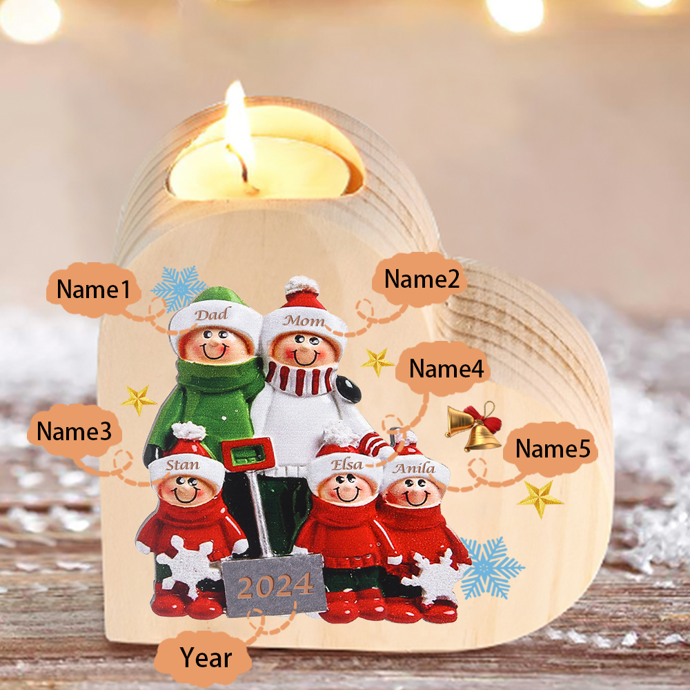Personalised Heart Wooden Candle Holder Snow Shoveling Family Custom with 2-8 Names Christmas Gift-Jessemade AU