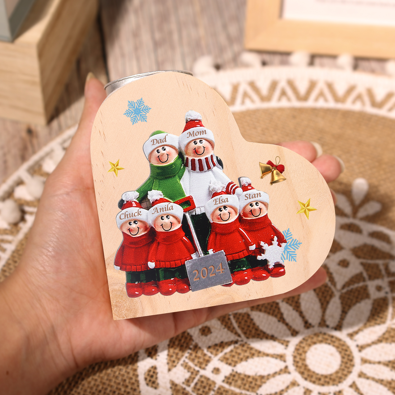 Personalised Heart Wooden Candle Holder Snow Shoveling Family Custom with 2-8 Names Christmas Gift-Jessemade AU