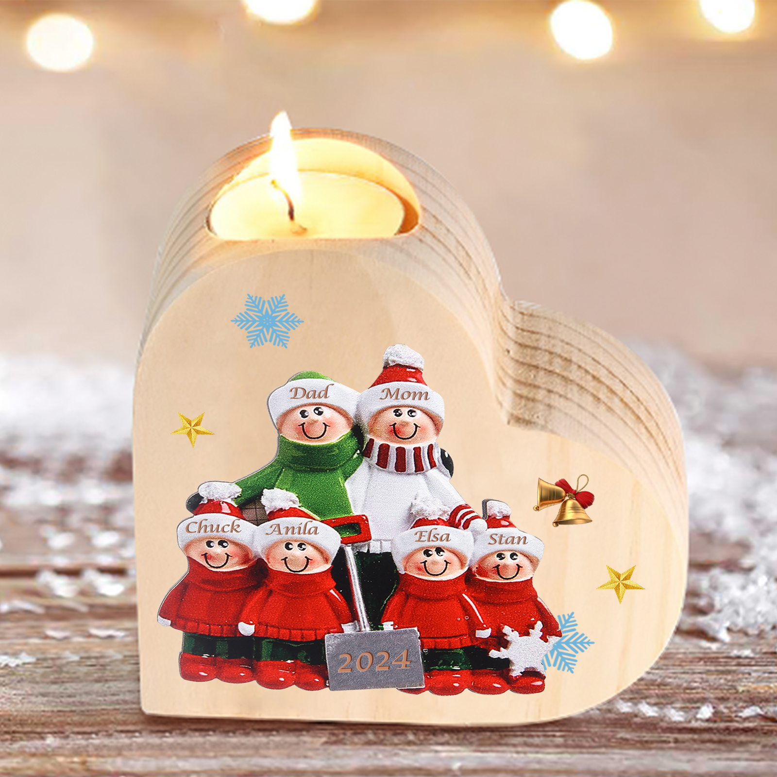 Personalised Heart Wooden Candle Holder Snow Shoveling Family Custom with 2-8 Names Christmas Gift-Jessemade AU