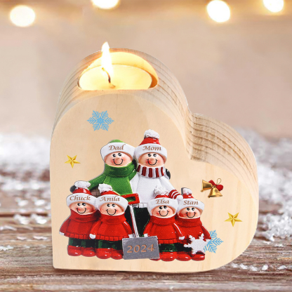 Personalised Heart Wooden Candle Holder Snow Shoveling Family Custom with 2-8 Names Christmas Gift-Jessemade AU