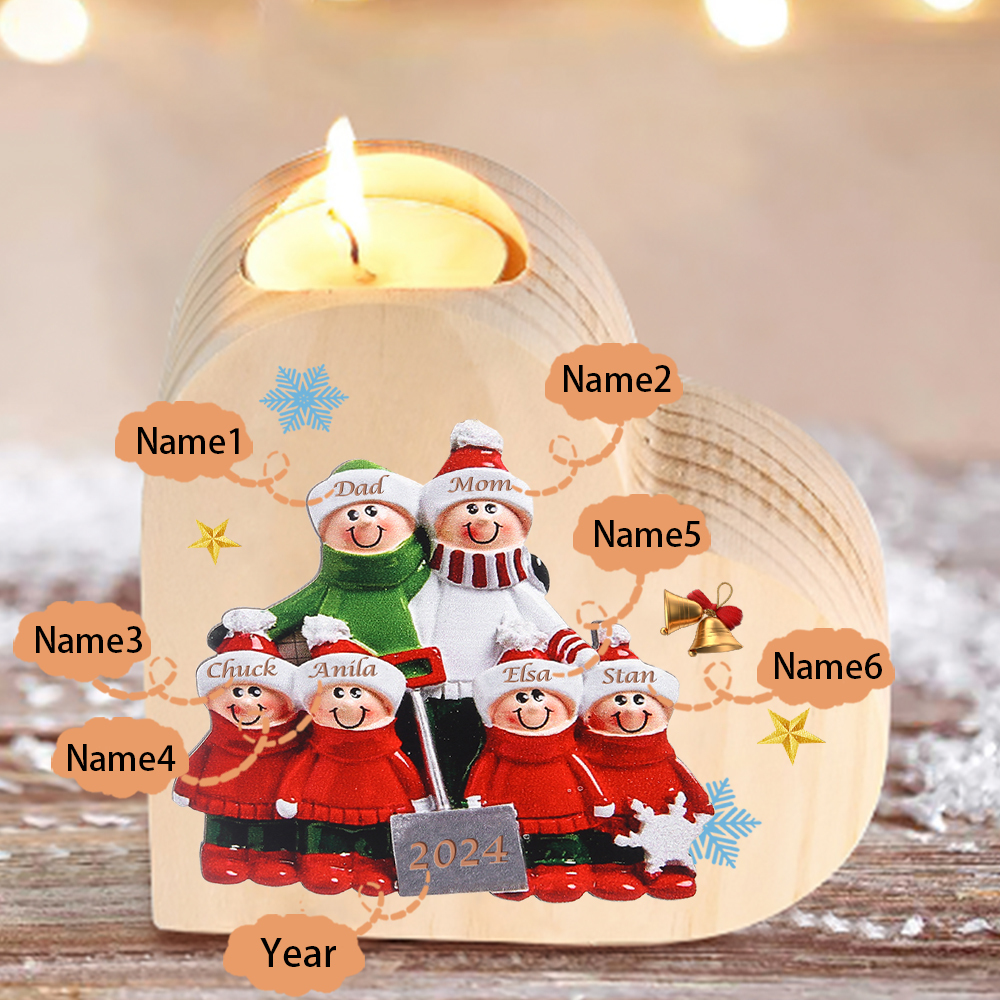 Personalised Heart Wooden Candle Holder Snow Shoveling Family Custom with 2-8 Names Christmas Gift-Jessemade AU