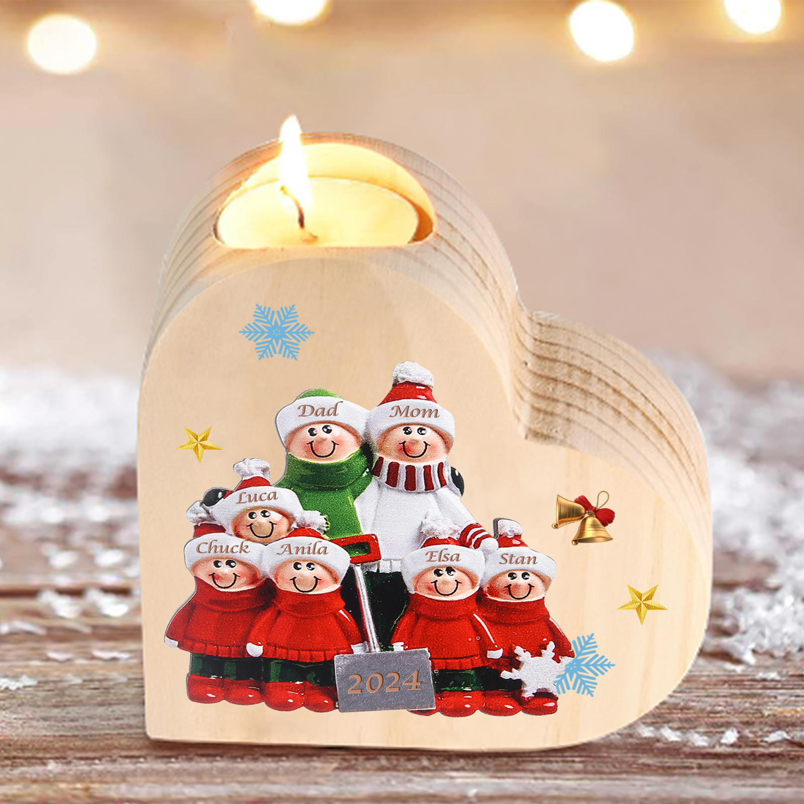 Personalised Heart Wooden Candle Holder Snow Shoveling Family Custom with 2-8 Names Christmas Gift-Jessemade AU