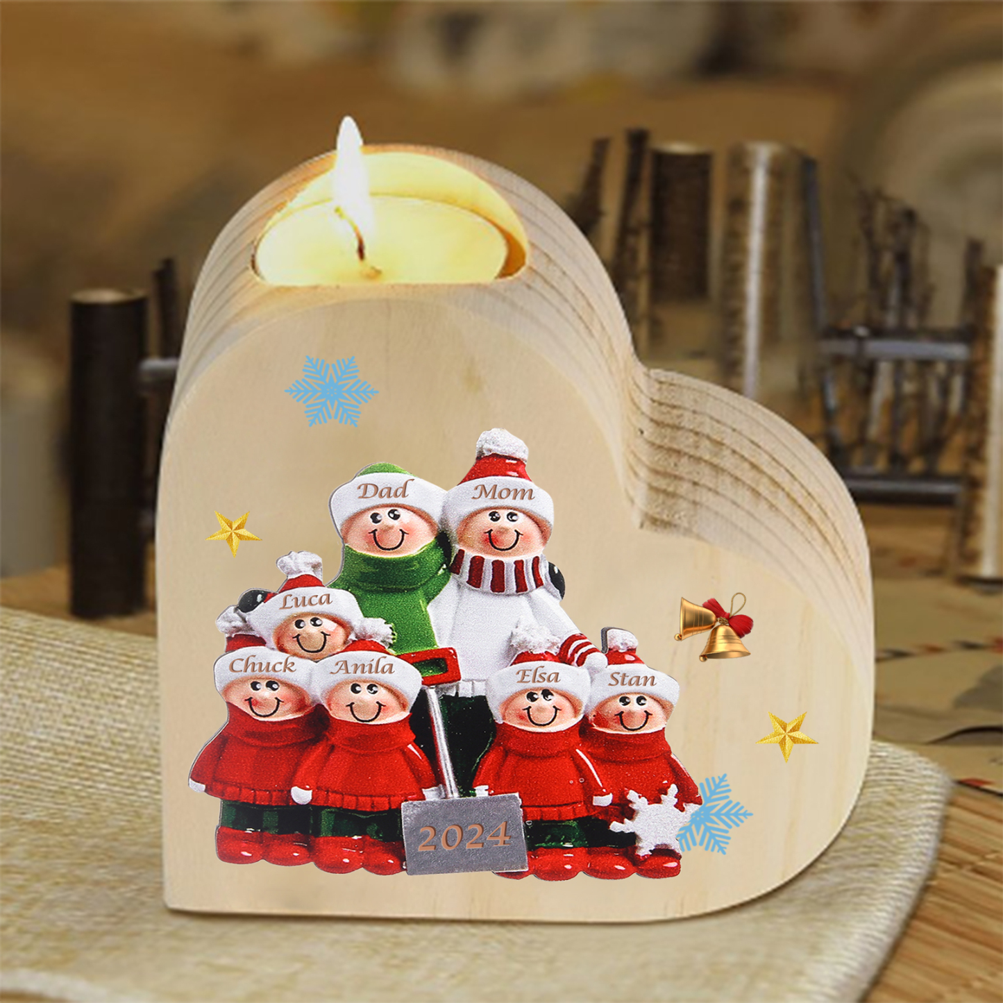 Personalised Heart Wooden Candle Holder Snow Shoveling Family Custom with 2-8 Names Christmas Gift-Jessemade AU