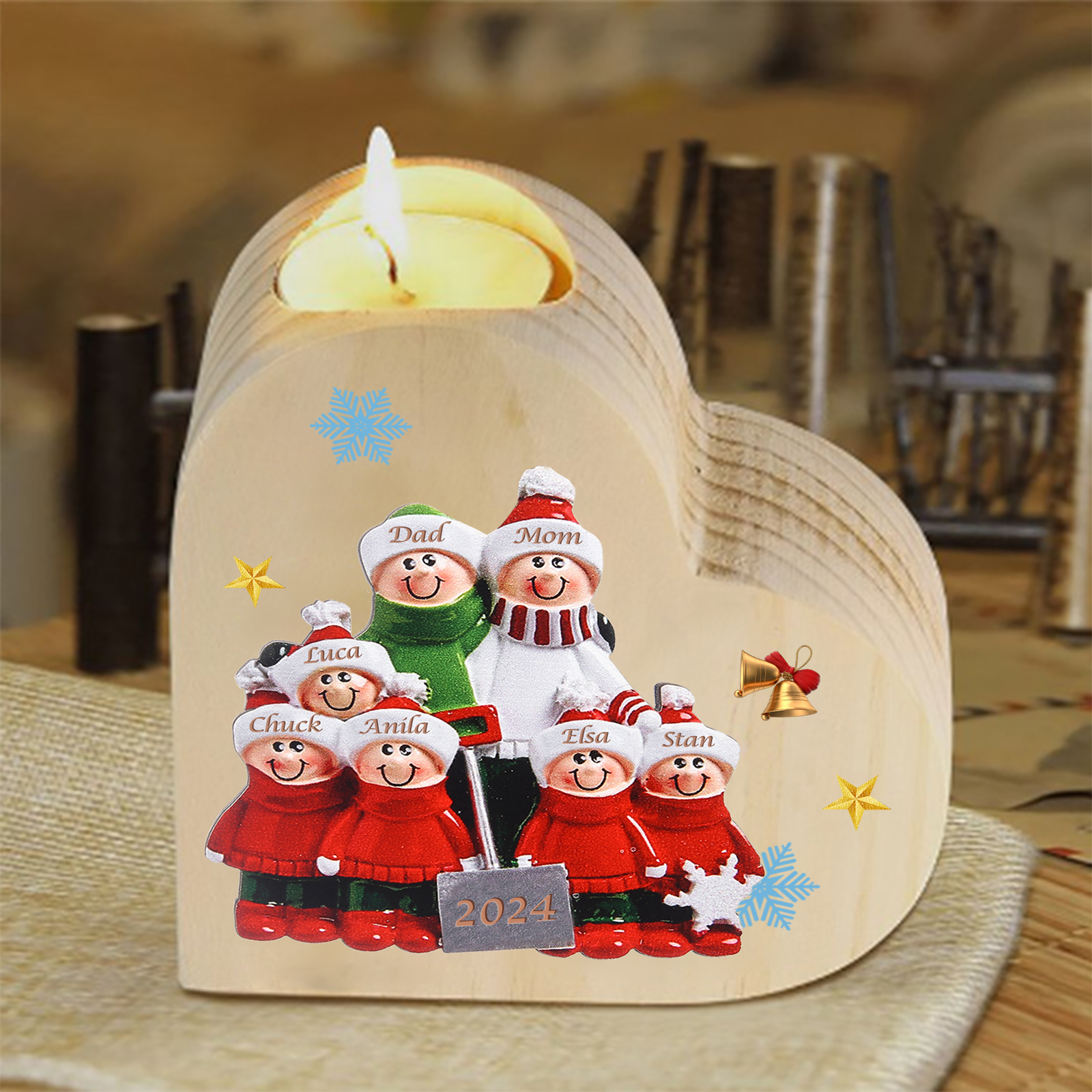 Personalised Heart Wooden Candle Holder Snow Shoveling Family Custom with 2-8 Names Christmas Gift-Jessemade AU