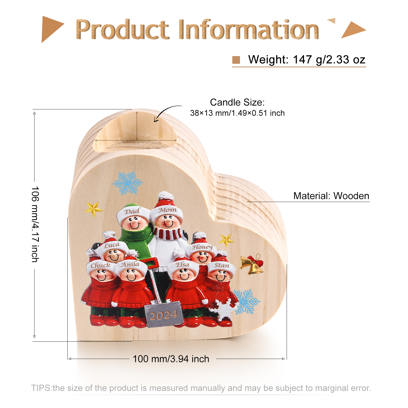 Personalised Heart Wooden Candle Holder Snow Shoveling Family Custom with 2-8 Names Christmas Gift-Jessemade AU