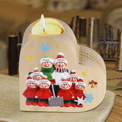Personalised Heart Wooden Candle Holder Snow Shoveling Family Custom with 2-8 Names Christmas Gift-Jessemade AU