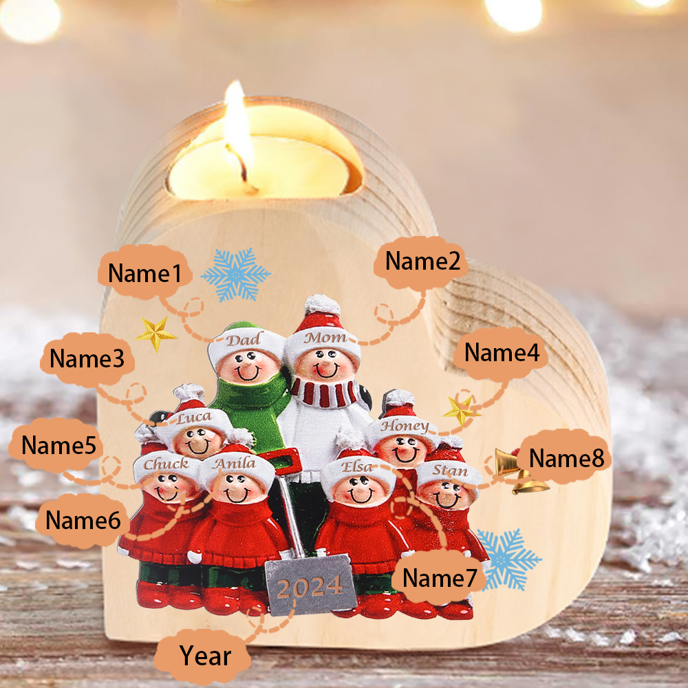 Personalised Heart Wooden Candle Holder Snow Shoveling Family Custom with 2-8 Names Christmas Gift-Jessemade AU