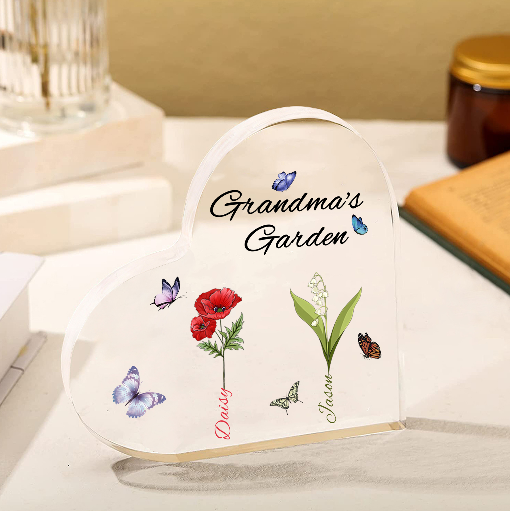 Grandma's Garden Personalised Heart Acrylic Plaque with Custom 1-8 Birth Flowers and Names Family Gift-Jessemade AU