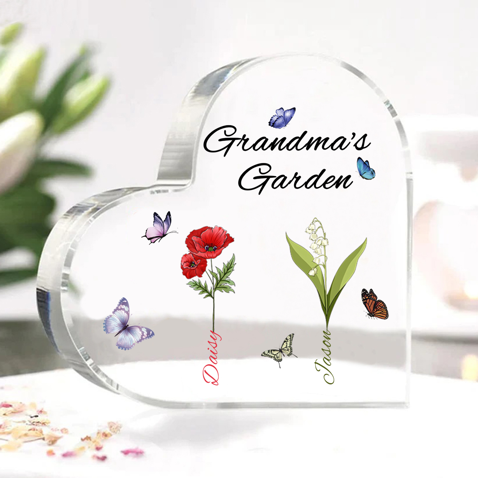Grandma's Garden Personalised Heart Acrylic Plaque with Custom 1-8 Birth Flowers and Names Family Gift-Jessemade AU